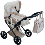 Carucior pliabil pentru papusi Doris Bej 2in1 cu maner si copertina reglabile,saltea de infasat,landou portabil cu manere,gentuta accesorii,roti din spuma eva,cos accesorii,dimensiune 74x36x70 cm