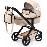 Carucior transformabil 2in1 pentru papusi Bayer Xeo Charlene Beige cu fundita si gentuta de umar,maner reglabil 58-71 cm,roti pivotante rezistente,cadru pliabil,pentru papusi de maxim 56cm,dimensiune 68x37x73 cm