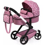 Carucior transformabil 2in1 pentru papusi Bayer Xeo Rosa cu  gentuta de umar,maner reglabil 58-71 cm,roti pivotante rezistente,cadru pliabil,pentru papusi de maxim 56cm,dimensiune 68x37x73 cm