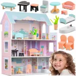 Casuta mare de papusi din lemn Ricokids House Pink cu 3 etaje, 5 camere si balcon, 12 piese mobilier incluse, constructie stabila si robusta, dimensiune 60x24x70 cm