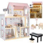 Casuta de papusi pentru copii Ikonka, realizata din lemn, cu iluminare led, complet utilata si mobilata, inaltime 80 cm