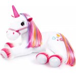 Jucarie de plus Magic Unicorn interactiv 42x29x30 cm cu obrajori luminosi,corn magic,coama colorata si capastru asortat,butoane inimioare brodate,efecte lumini,sunete si muzica