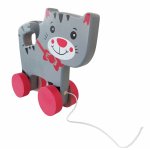 Jucarie de tras Pisicuta Gri din lemn,snur inclus,forme rotunjite,vopsele sigure,non-toxice,dimensiune 15x16 cm