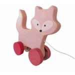 Jucarie de tras Vulpe Roz din lemn,snur inclus,forme rotunjite,vopsele sigure,non-toxice,dimensiune 15x15 cm