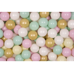 Set 200 bile din plastic 7 cm MeowBaby pentru centru de joaca alb, gold, roz si verde