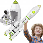 Nava spatiala Doris Aircraft cu efecte sonore si luminoase, motoare de lansare cu efect de fum, figurina astronaut cu elemente mobile,dimensiune 10x7x44 cm