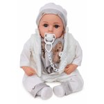 Papusa bebelus Doris 45 cm cu aspect realist si suzeta,corp moale,hainute detasabile,botosei si caciulita asortate