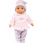 Papusa bebelus cu corp moale Bayer My first baby 28 cm cu pleoape mobile,hainute din catifea roz si caciulita asortata,varsta recomandata de la 10 luni