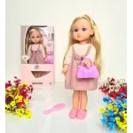Papusa interactiva Moni Fashion Doll 36 cm cu par blond,rochita sarafan roz, pantofiori asortati, poseta si perie par incluse