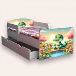 Pat pentru copii Crocodil, cu manere, sertar si saltea, 2-12 ani, 160x80 cm