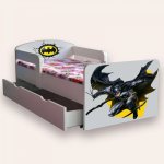 Pat pentru copii Batman, cu manere, sertar si saltea, 2-6 ani, 130x60 cm