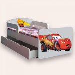Pat pentru copii Fulger Mcqueen cu manere, sertar si saltea, 2-6 ani, 130x60 cm
