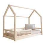 Pat pentru copii casuta montessori, Little Amy, Timber Sleep, balustrade cu bare rotunde, Natur, 140x200 cm