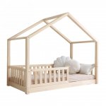 Pat pentru copii casuta montessori, Little Amy, Timber Sleep, balustrade cu bare plate, Natur, 90x180 cm