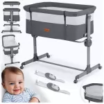 Patut co-sleeper Nukido Gri cu laterala culisanta,roti cu frane,inaltime reglabila,materiale respirabile,curele de fixare la patul parintelui,pozitie antireflux,saltea inclusa