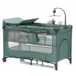 Patut pliabil pentru copii Fillikid Capri Green cu saltea de infasat, organizator, carusel muzical, intrare laterala cu fermoar