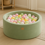 Piscina pentru copii MeowBaby velvet sage olive cu 200 bile alb, verde, roz si galben