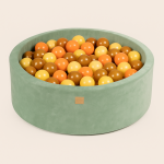 Piscina pentru copii MeowBaby velvet sage olive cu 200 bile piersica, galben, pastel si   auriu