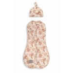 Saculet Swaddle pentru infasat + caciulita Second Step Animale de epoca almond sleepee