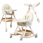 Scaun de masa pliabil pentru bebelusi Little Mom 3 in 1 Funny Cream cu roti si functie de balansoar, multifunctional, centura de siguranta 5 Puncte, ajustabil pe inaltime, cos de depozitare, husa detasabila