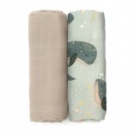 Set 2 scutece Petite&Mars Whale Song Misty din muselina de bambus, hipoalergenice, 120x120 cm