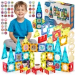 Set 98 piese magnetice de constructie Ricokids City Multicolor,contine autocolante si 2 figurine