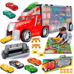 Set camion de remorcare tip valiza cu maner pentru copii, cu lansator, dimensiune 55 x 10.5 x 17.5 cm 6 masinute de curse metalice incluse