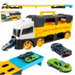 Set camion de remorcare pentru copii, dimensiune 35 x 13.8 x 8.5 cm, portabil, pliabil, cu lansator 125 cm si 2 masinute incluse