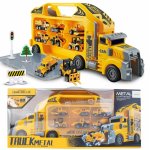 Set camion de remorcare tip valiza pentru copii Malplay, cu efecte sonore si luminoase, echipat cu 6 vehicule metalice de constructii si semne de circulatie incluse