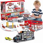 Set camion cu statie de pompieri Matadi Super Rescue, include rampa lansare si circuit pista auto masinute, 12 masinute incluse