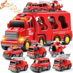 Set camion tractare cu 4 masinute incluse Doris Fire Truck Red cu efecte luminoase si sonore,rampa coborare,surubelnita pentru depanare,remorca detasabila
