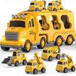 Set camion tractare cu 4 masinute incluse Doris Transportation Yellow cu efecte luminoase si sonore,rampa coborare,surubelnita pentru depanare,remorca detasabila