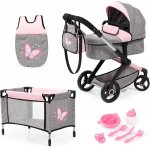 Set carucior 2in1 transformabil pentru papusi Bayer Xeo Mega set cu patut de calatorie,saculet de dormit,set accesorii de hranire,gentuta de umar,cos de cumoparaturi,cadru pliabil,roti robuste