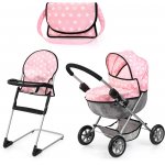 Set carucior si scaun de masa pentru papusi Bayer Cosy Rosa,cadru metalic rezistent,roti din spuma eva,gentuta de umar si cos de cumparaturi,dimensiune carucior 65,5x36x65 cm
