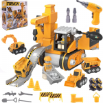 Kit de constructie santier 5in1 Doris Truck Yellow,include surubelnita si autofiletanta, mini vehicule pentru autoasamblare,macara cu rampa si mecanism de ridicare