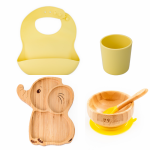 Set diversificare pentru copii Oaki castron si farfurie elefant din bambus cu lingurita, pahar si baveta galben