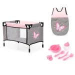 Set patut de calatorie pentru papusi Bayer Travel Pink/Grey cu saculet de dormit pentru papusi de pana la 42cm,accesorii hranire,castronel si canuta