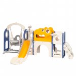 Spatiu de joaca pentru copii Nichiduta Garden blue/white, de interior/exterior, cu tobogan, leagan cu spatar, zona de tunel, platforma superioara, panou cu cos de baschet, dimensiune 248 x 152 x 110 cm