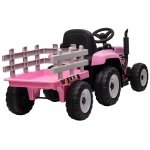 Tractor electric pentru copii Nichiduta Track Pink 90W cu telecomanda 2.5G, Acumulator 12V, Remorca detasabila, Centura siguranta, Faruri cu lumini LED, Sunete,slot card, Roti late din plastic rezistent cu aparatori noroi