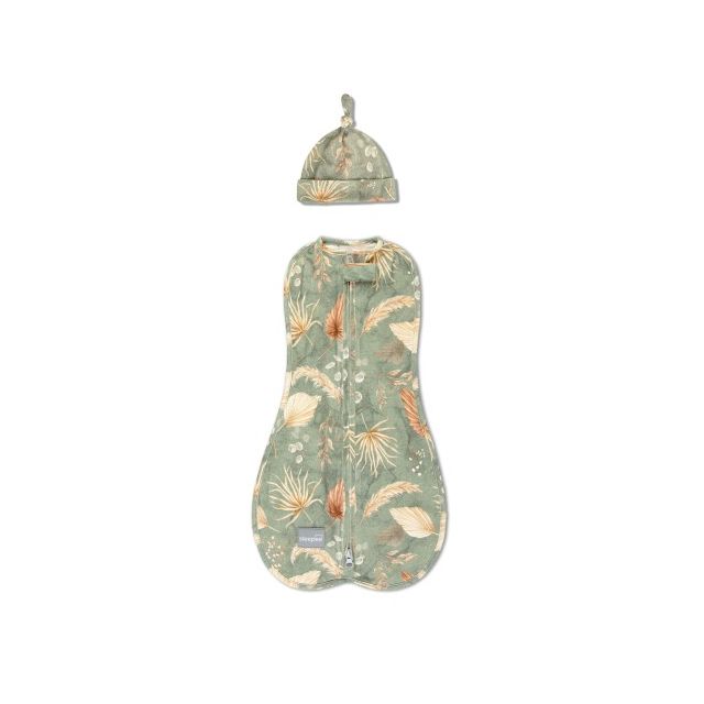 Saculet swaddle pentru infasat nou nascut + caciulita First Step Boho Green 0.2 Tog Sleepee