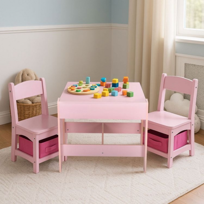 Set masa cu doua scaune pentru copii Ecotoys Roz cu spatiu pentru depozitare, tabla si creta - 3
