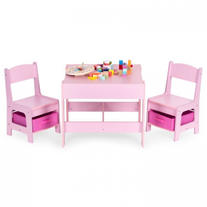 Set masa cu doua scaune pentru copii Ecotoys Roz cu spatiu pentru depozitare, tabla si creta - 5