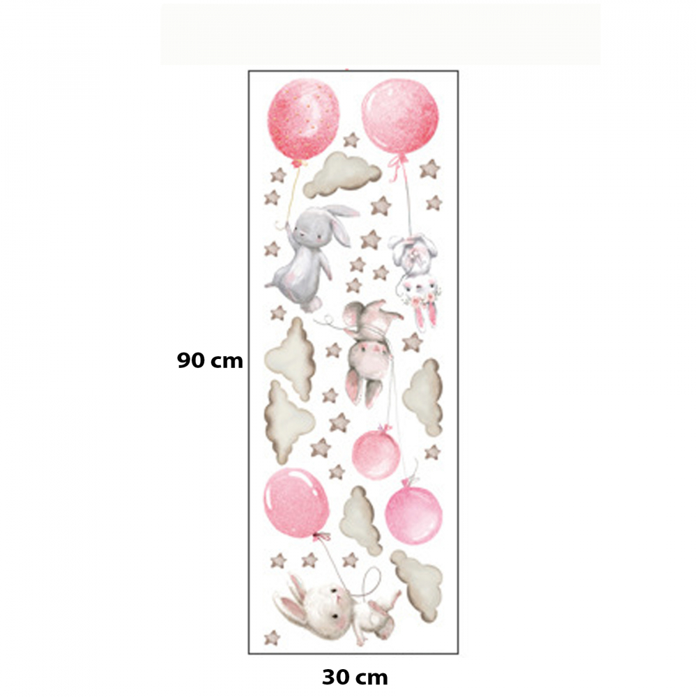 Sticker decorativ pentru copii autoadeziv Iepurasi cu baloane roz 70x49 cm - 3