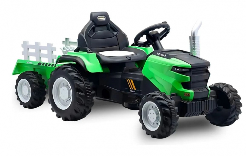 Tractor electric cu remorca Nichiduta Powerful Green,acumulator 12V,roti late si rezistente,faruri cu lumini LED,spatar inalt,aspect realistic - 1