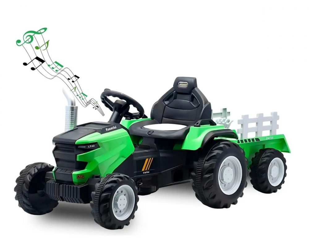 Tractor electric cu remorca Nichiduta Powerful Green,acumulator 12V,roti late si rezistente,faruri cu lumini LED,spatar inalt,aspect realistic - 2