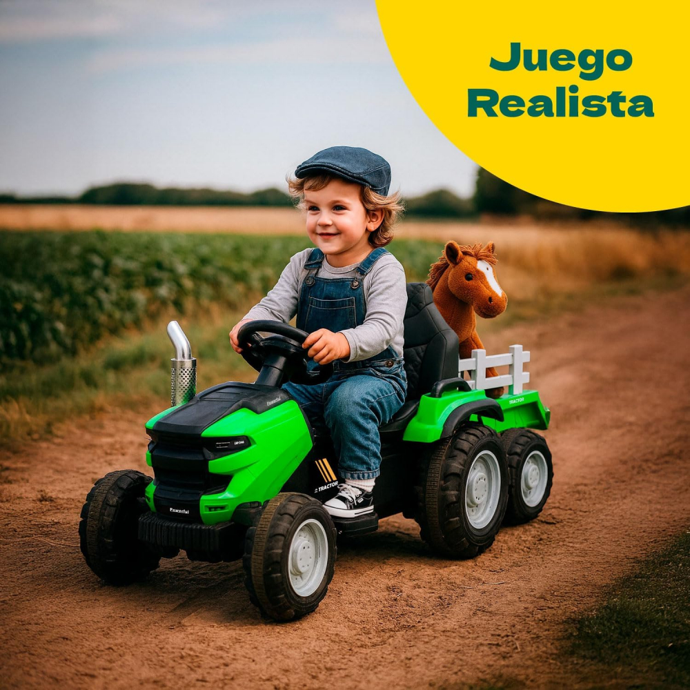 Tractor electric cu remorca Nichiduta Powerful Green,acumulator 12V,roti late si rezistente,faruri cu lumini LED,spatar inalt,aspect realistic - 3