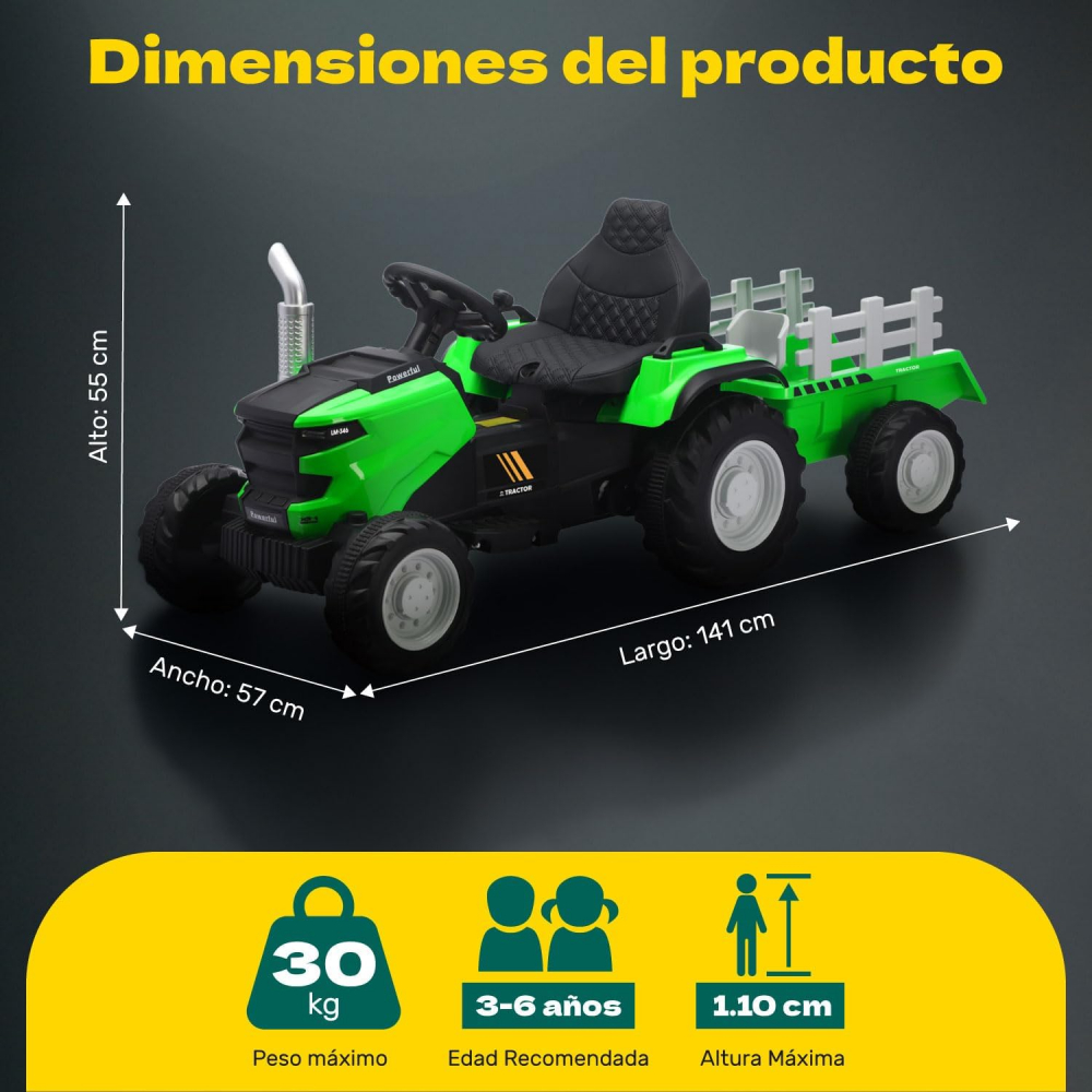 Tractor electric cu remorca Nichiduta Powerful Green,acumulator 12V,roti late si rezistente,faruri cu lumini LED,spatar inalt,aspect realistic - 4