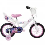 Bicicleta copii Huffy Minnie 14 inch, roti ajutatoare si cosulet, pentru copii cu varsta intre 4 si 6 ani sau cu inaltimea pana la 110 cm, frana de mana pe ambele roti, anvelope cu profil gros, scaun reglabil