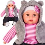 Papusa bebelus Doris Lala 45 cm cu pantaloni din blug,vestuta gri cu gluga din material fleece moale, caciulita si botosei asortati, corp moale, suzeta inclusa, in cutie cadou