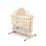 Patut multifunctonal tip co-sleeper si tarc de joaca pentru copii, Kidnort Snackskal II Beige, structura din otel cu inaltime ajustabila, roti cu frane, buzunar lateral, sistem de balansare incorporat, accesorii incluse